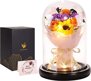 Beautiful Soap Rose Bouquet with LED in Glass Dome (Ships from USA)