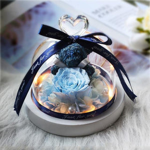New Mini Rose Bear In Glass Dome With Night Light - Galaxy Rose