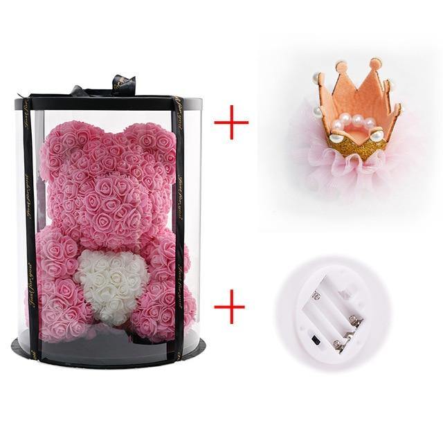 Rose Teddy Bear In Round Box With Little Crown & Led Light (38CM/14.5I   Galaxy Rose