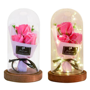 LED Light Soap Rose Flower Bouquet In Glass Dome - Galaxy Rose